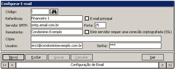 2- Na guia E-mail, marque a opção Enviar boletos por e-mail. 3- Após ativar a opção, clique em Configurar e-mail. 4- Clique em Novo para criar a configuração do e-mail que será utilizado para envio.