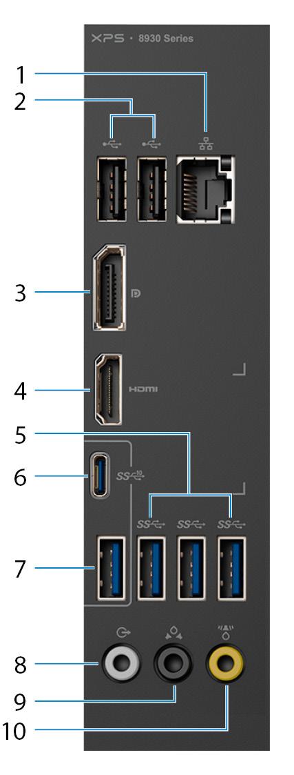 Painel posterior 1 Porta de rede - 10/100/1000 Mbps (com luzes) Ligue um cabo de Ethernet (RJ45) a partir de um router ou modem de banda larga para acesso a rede ou à Internet.