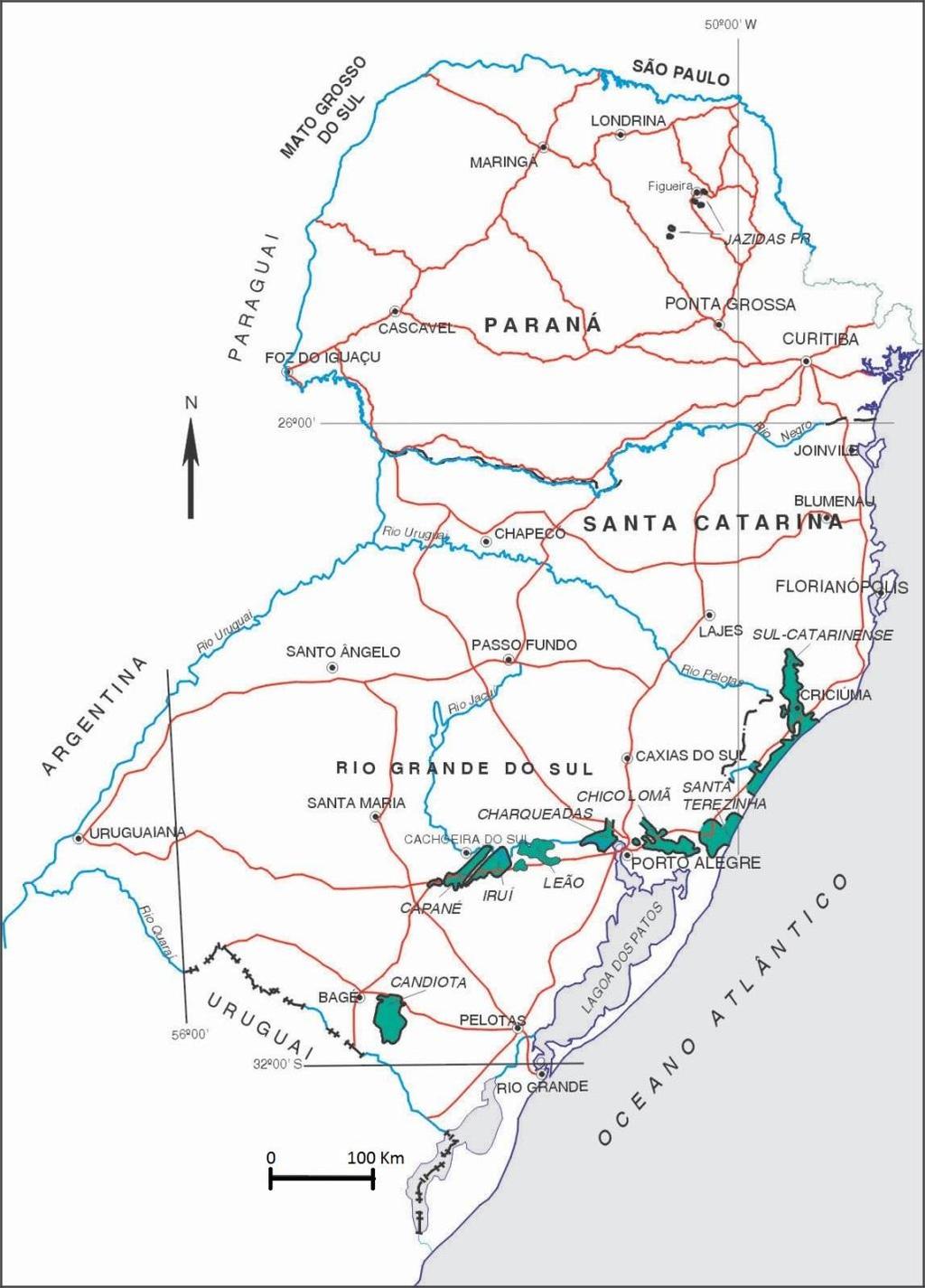 9 Figura 1: Localização das principais jazidas de carvão da bacia do Paraná (em verde), com destaque em