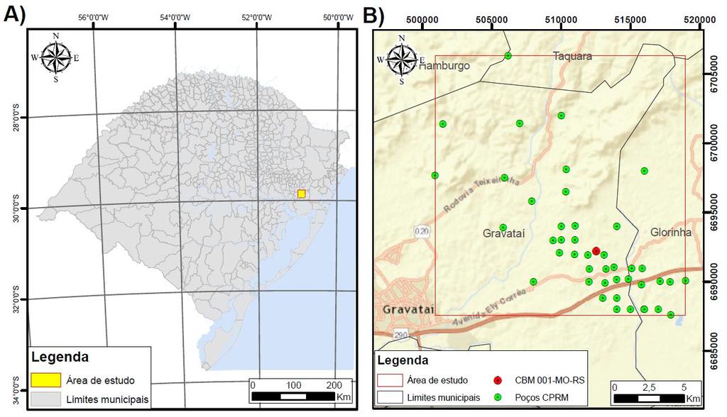 20 Figura 7: Localização da área de estudo: A Área de estudo em relação ao estado do Rio Grande do Sul; B Locação dos poços da CPRM (verde) utilizados para compor o banco de dados do modelamento e em