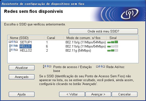 Se list estiver em rnco, verifique se o ponto de cesso/rotedor sem fio está ligdo e trnsmitindo o SSID, verificndo tmém se máquin e o ponto de cesso/rotedor sem fio estão o lcnce d comunicção sem fio.