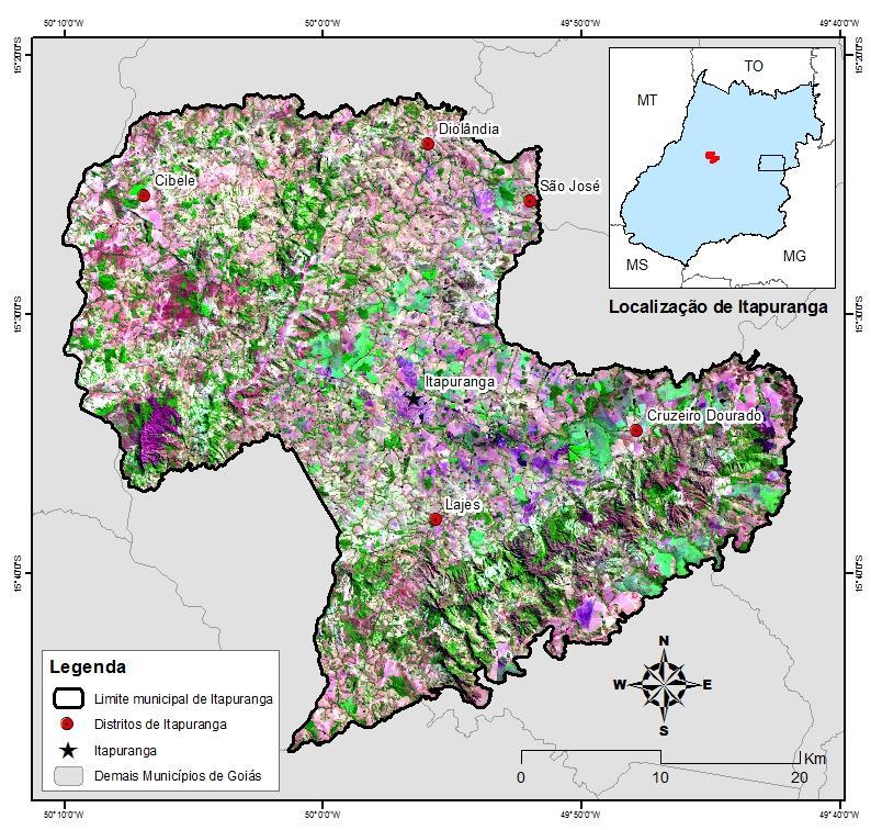 Figura 1. Localização do município de Itapuranga em Goiás. As unidades de relevo influenciam o tipo de uso e ocupação da terra.