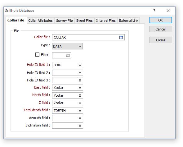 12 Estabeleça um nome, e posteriormente na janela aberta cujo título é denominado como Drillhole Database e inserir os arquivos Collar, Survey, Interval Files (Assay e Geology).