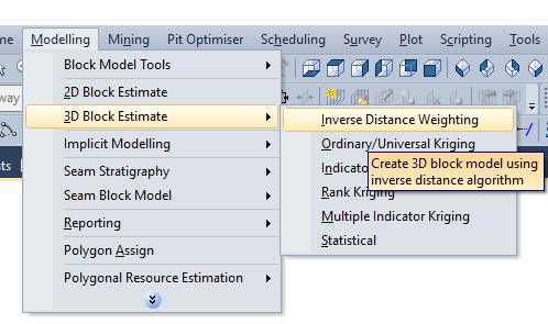 .10.1. INTERPOLAÇÃO DE TEORES Vá para o caminho Modeling 3D Block Estimated Inverse Distance Weighting, como