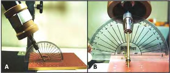 Material e método 27 Fig 8. Posicionamento do mini-implante: A - em relação ao bloco de osso artificial no sentido lateral; B - angulação de 90 no sentido ântero-posterior. Fig 9.