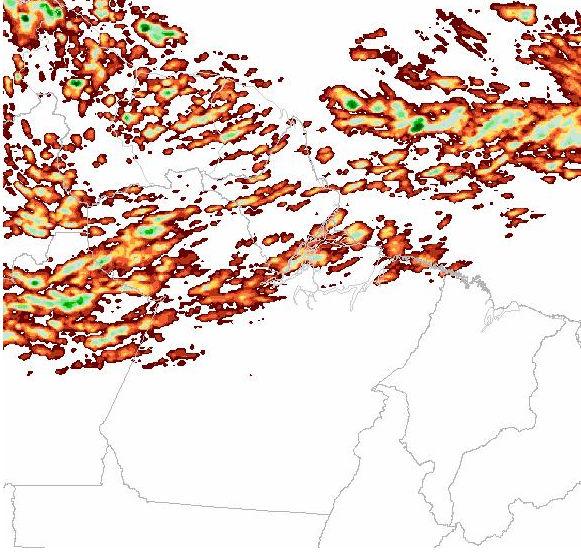 Figura 4. Precipitação diária (mm) estimada por satélite sobre o Estado do Pará entre as 12h do dia 15 de junho de 2011 e as 12h do dia 16 de junho de 2011. Fonte: DSA/INPE.