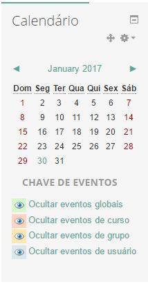 Figura 25 - Calendário A Figura 26 também ilustra a Chave de eventos disponibilizado pelo Ambiente Virtual para este bloco, neste casos todos os eventos estão com Olhos abertos, ou seja, estão