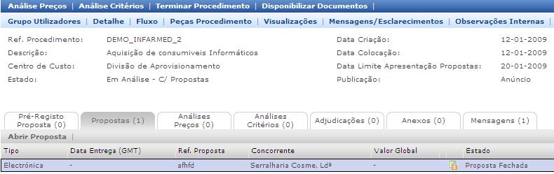 Guia de Utilização da C- Propostas (no separador a cinzento denominado por Propostas ) No separador Propostas deverá clicar numa das propostas apresentadas na lista e se o procedimento já se estiver