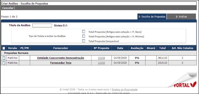 Guia de Utilização da De seguida, o júri segue para o passo 2 Análise (Análise de preços).