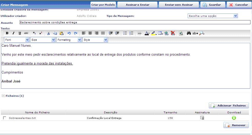 Guia de Utilização da Nesta fase, o ficheiro está anexado à mensagem. Clicar em Fechar.