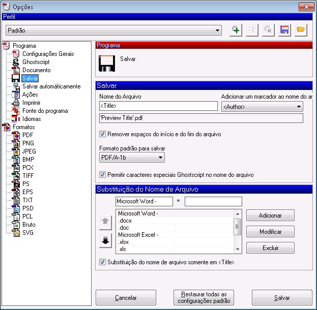 3. No menu Salvar/Guardar na opção Formato padrão para salvar escolher PDF/A-1b e clicar em Salvar/Guardar.