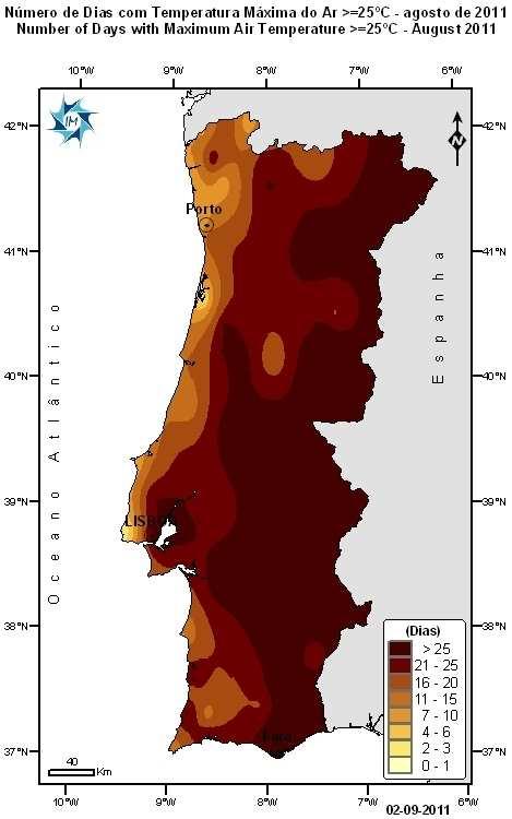 2 Temperatura do ar 2.1 Temperatura máxima Os valores mais elevados da temperatura máxima do ar no território do continente, ocorreram em dois períodos do mês: entre 10 e 13 e entre 19 e 21 de agosto.