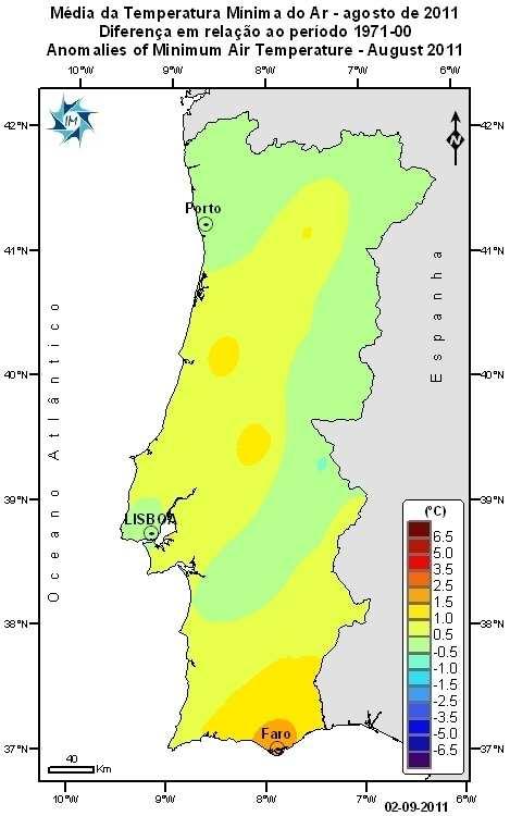 máxima, valores mais altos que a normal nas regiões do interior Norte e Centro, enquanto as regiões do litoral estão próximos, sendo nalguns casos mesmo inferior (Porto/P.R -0.4, Luzim -0.6).