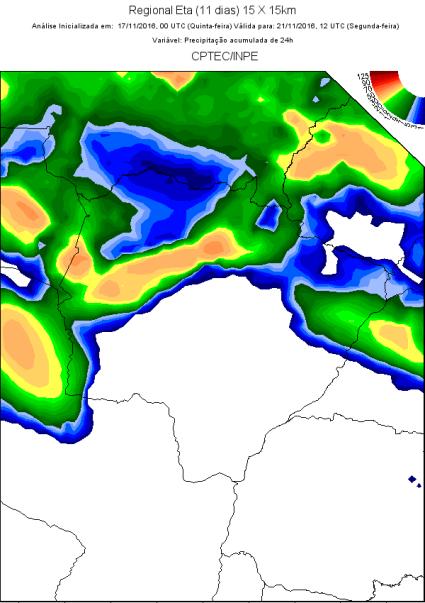 Previsão do tempo para o Mato Grosso do Sul De acordo com o modelo Regional Eta (11 dias) - (15 X 15 km) com índices de pluviosidade acima de 4 mm, a previsão numérica do tempo indica que haverá