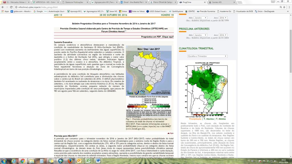 De acordo com o Prognóstico Climático para Novembro, Dezembro e Janeiro (NDJ) de 217 (figura 2), as chuvas para as regiões produtoras de Mato Grosso do Sul, devem permanecer entre as faixas de 3 a 8