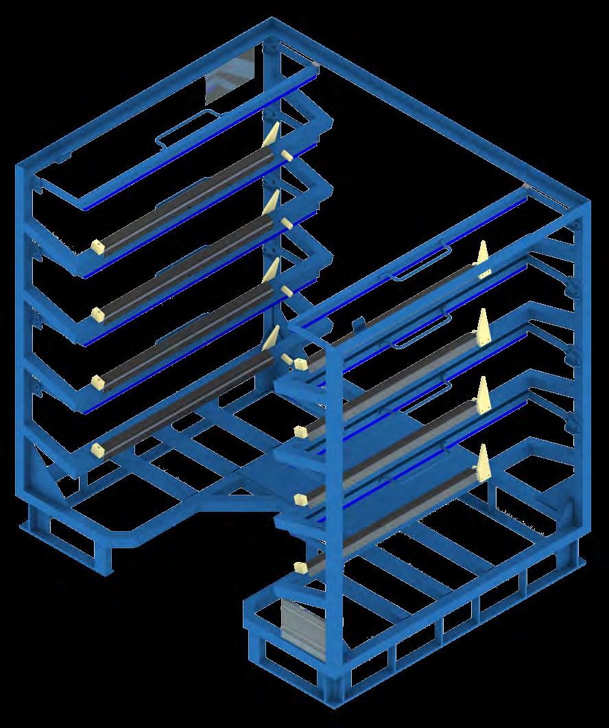 A estrutura do contentor é desenvolvida de forma a que o operador possa entrar no seu interior para executar as operações de carga e descarga dos componentes.