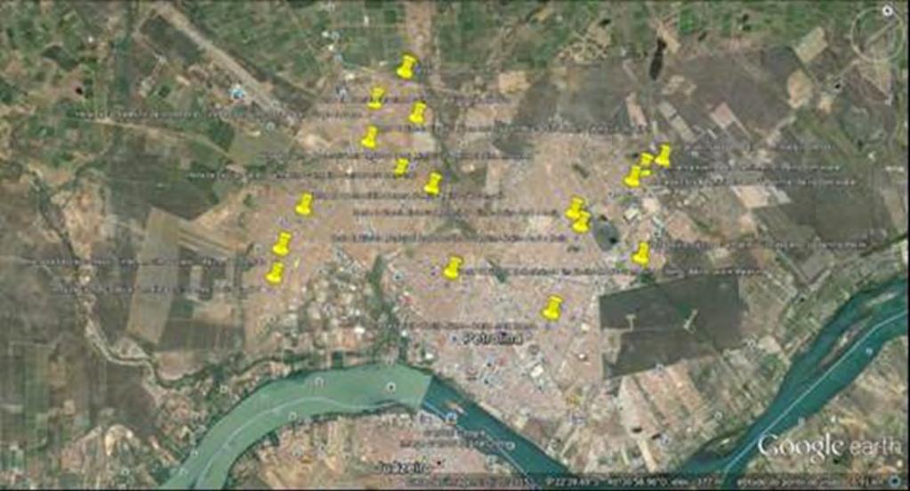 Figura 01. Localização por satélite das hortas urbanas de Petrolina-PE. Informações referentes as 19 hortas visitadas são apresentadas na Tabela 1.