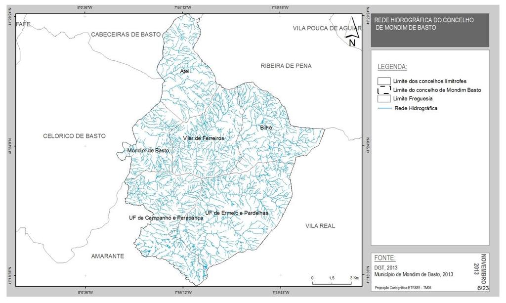 16/85 Mapa 6 - Rede hidrográfica do concelho de Mondim de Basto A grande densidade dos cursos de água é o resultado de uma variação altimétrica que potencia o escoamento e de um substrato geológico