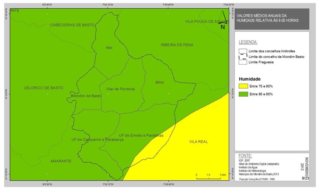 22/85 2.3 HUMIDADE RELATIVA DO AR O mapa 9 explicita que em Mondim de Basto, a humidade relativa às 9:00 horas varia entre os 80 85% em quase todo o concelho.
