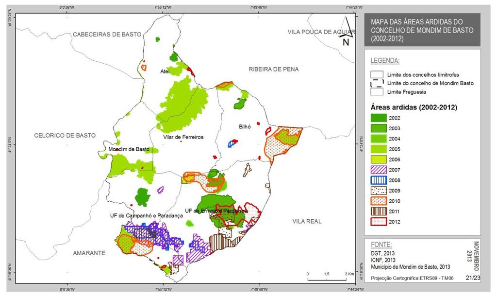 59/85 Mapa 21 - Carta da distribuição da área ardida no concelho de Mondim de Basto (2002 a 2012) O ano que se destaca, em termos de área ardida, é 2005 tendo afetado, em especial as freguesias