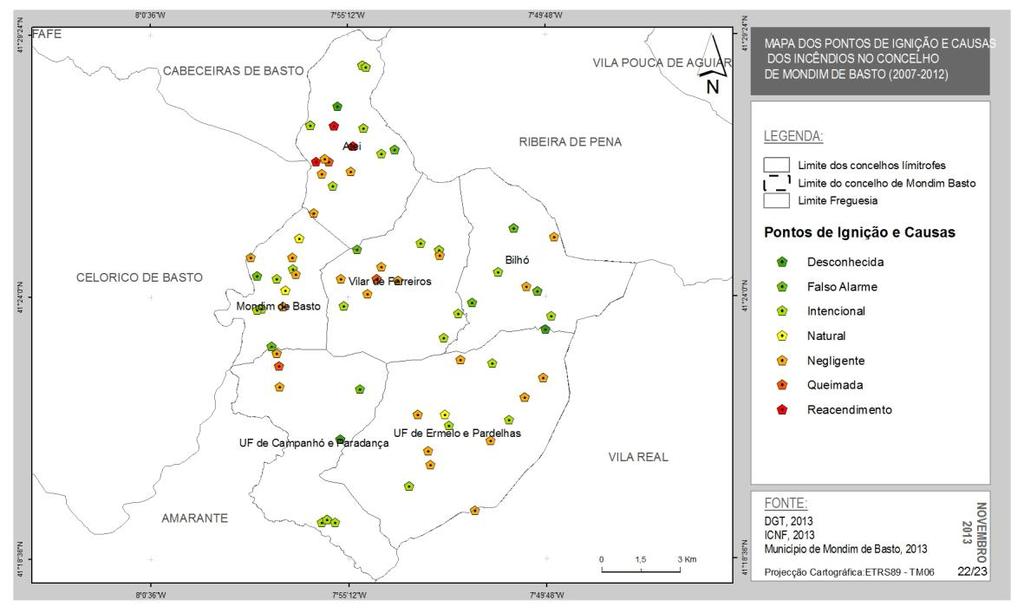 71/85 5. 1.8 PONTOS DE INÍCIO E CAUSAS Esta cartografia permite-nos identificar com alguma exatidão, a localização dos principais incêndios florestais ocorridos no concelho entre 2007 e 2012.