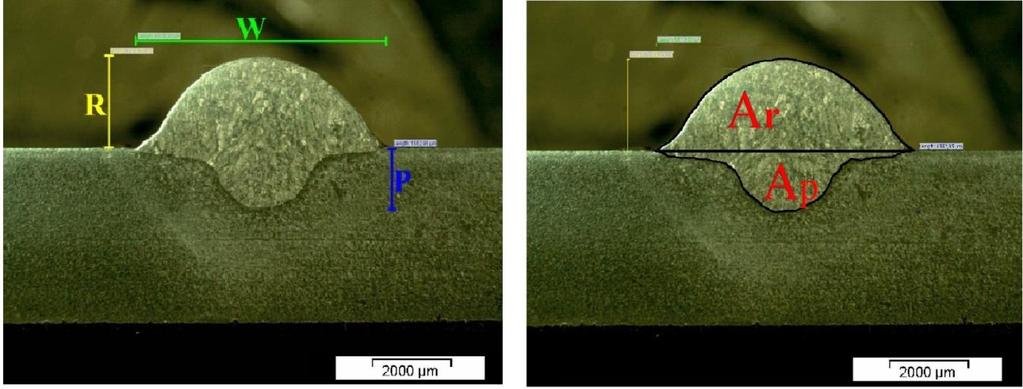 46 Figura 3.8 Medições da largura (W), reforço (R), penetração (P) e diluição (D) do cordão de solda.