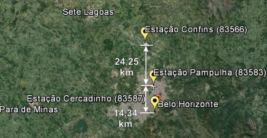 49 Tabela 2 - Identificação e localização das estações de monitoramento climático terrestres da região metropolitana de Belo Horizonte MG Código WMO da Estação Local Latitude Longitude Altitude (*)