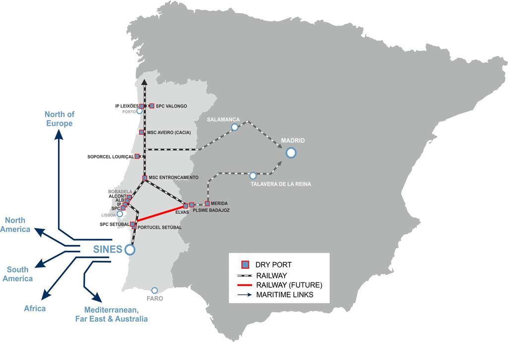 Ligações ferroviárias aos portos secos (Transporte Intermodal) Mais de 90% do total da carga contentorizada para o hinterland segue por comboio