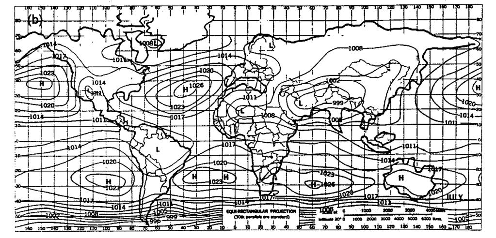 3 mostra algumas características importantes associadas ao clima global: a) um cinturão dominante de centros de alta pressão entre 25º e 35º nos dois hemisférios, chamado de cinturão de altas