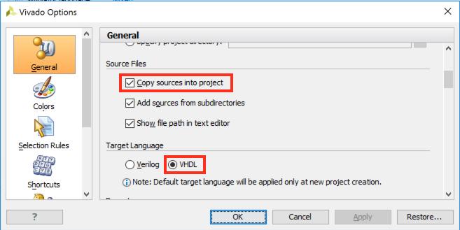 1.4. Configuração do Vivado Clique na opção Tools Options... e verifique se a opção Copy sources into Project está ativada na secção Source Files e a opção VHDL na secção Target Language.