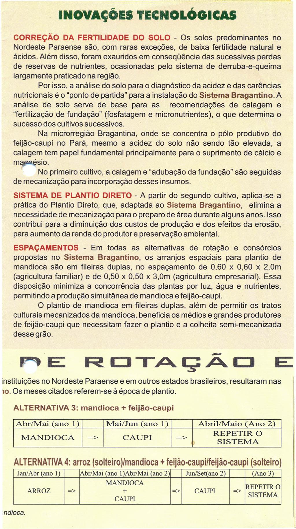 -, INOVAÇOES TECNOLOGICAS CORREÇÃO DA FERTILIDADE DO SOLO - Os solos predominantes no Nordeste Paraense são, com raras exceções, de baixa fertilidade natural e ácidos.