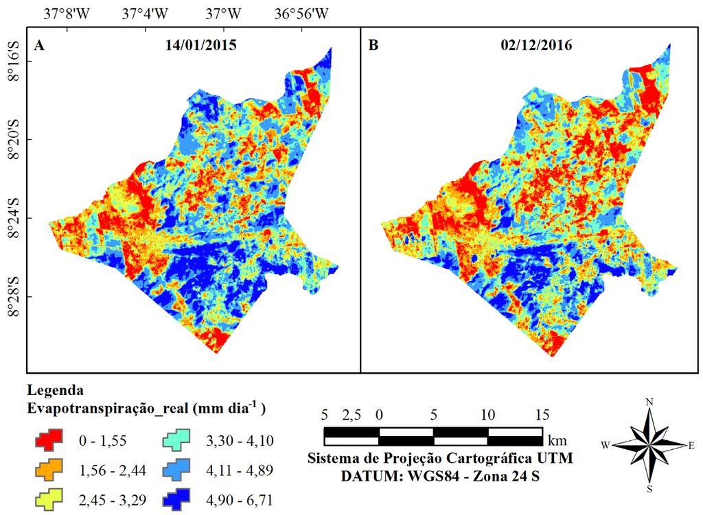 Lins, et al. 73 Figura 8. Distribuição espaço-temporal da evapotranspiração real diária (ETr) para o município de Arcoverde, nos anos de 2015 (A) e 2016 (B).