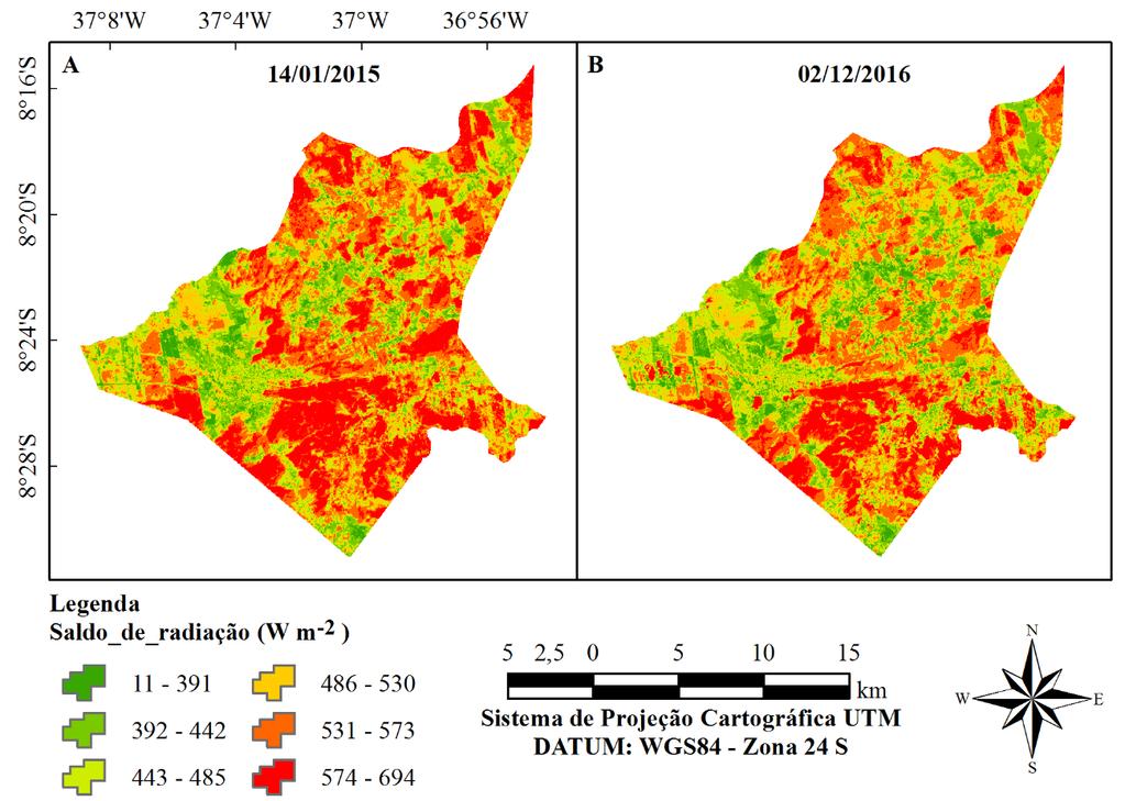 72 Estimativa de parâmetros... Figura 7. Distribuição espaço-temporal do saldo de radiação (Rn) para o município de Arcoverde, nos anos de 2015 (A) e 2016 (B).