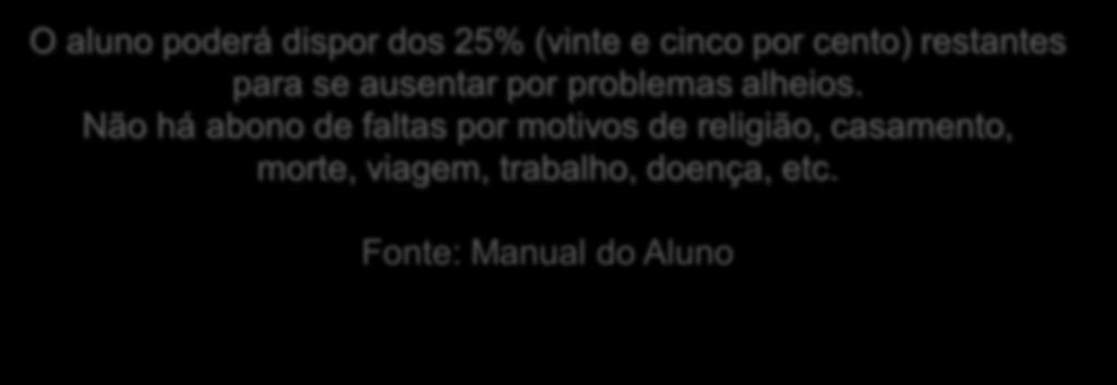 de faltas/semestre = 10 (dez) O aluno poderá dispor dos 25% (vinte e cinco por cento) restantes para se ausentar