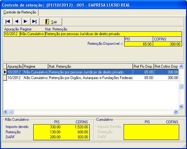 Com mais de uma natureza de retenção: O grid do quadro que se localiza na parte central da tela, permite a seleção das retenções disponíveis no período de apuração.