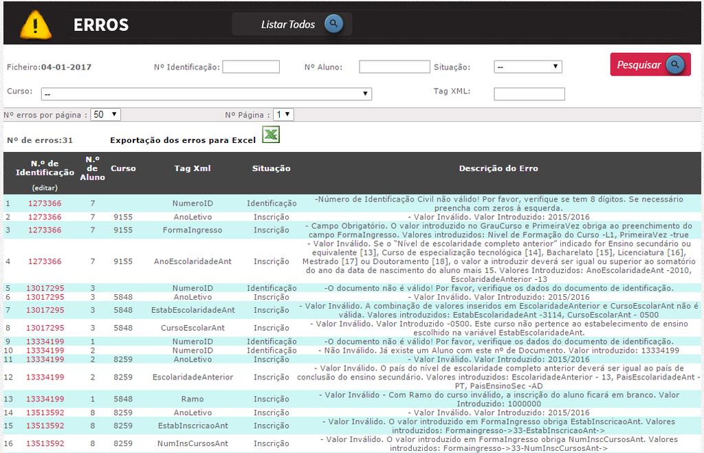 Figura 42 Para efetuar o download dos erros no formato Microsoft Excel basta carregar no ícone: Os erros apresentados podem ser corrigidos de duas formas: 1) Diretamente na plataforma, acedendo à