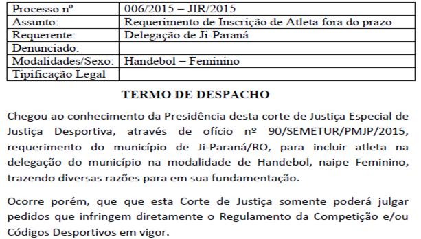 para instalação do TRIBUNAL DE JUSTIÇA DESPORTIVA que acontecerá no dia 31 de Outubro