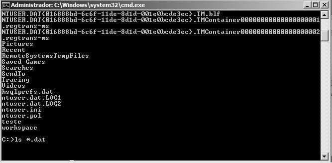 20. Na tela abaixo: Temos a exibição do comando LS *.DAT no terminal do Windows 7.Acerca desse comando, marque a alternativa verdadeira. A) Exibe todos os arquivos exceto aqueles com a extensão.dat.