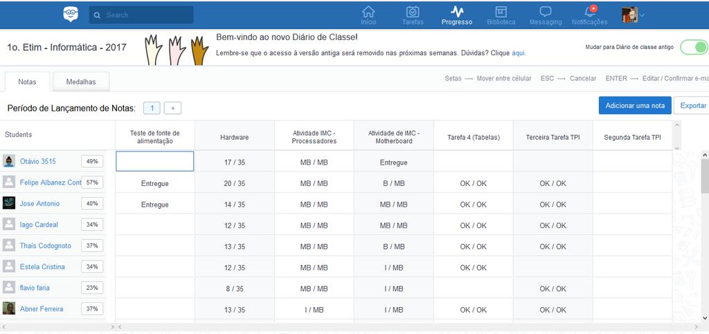 Gradebook O Gradebook é uma ferramenta que permite manter o progresso dos alunos organizado, além de