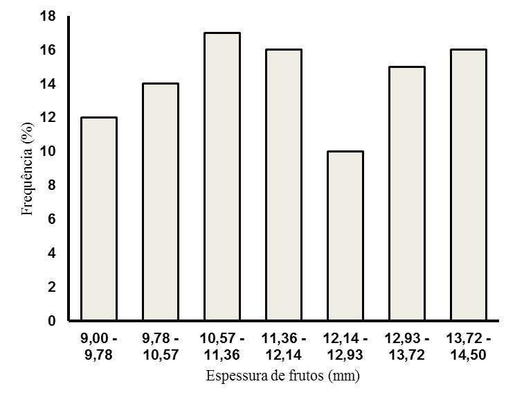 Para a largura, a maioria pertence à classe de 30,11 a 39,37 mm com 80% dos frutos nessa faixa.