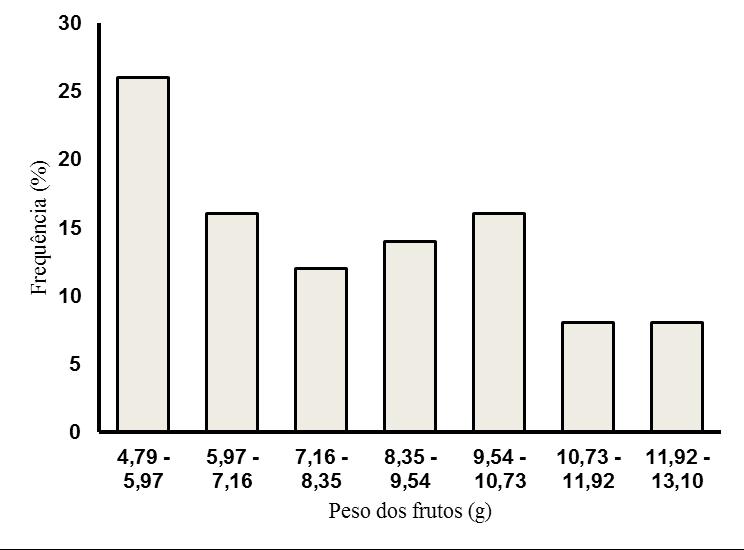 Figura 2. Distribuição em frequência relativa do comprimento (A), largura (B), espessura (C) e peso (D) dos frutos de Aspidosperma pyrifolium Mart.