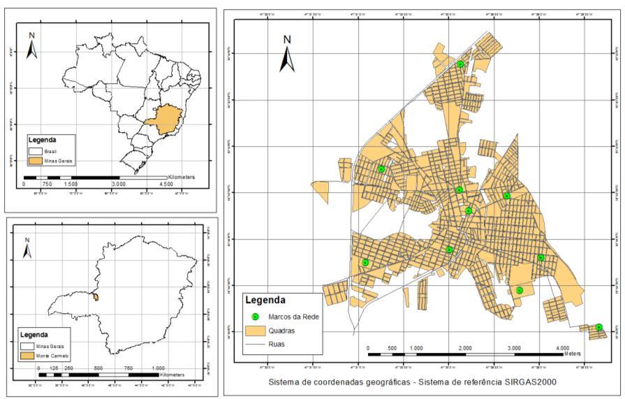 Fig. 1 mapa de localização das estações na cidade de monte carmelo-mg 4- MATERIAL E MÉTODOS Primeiramente foram definidos os locais de implantação dos marcos, por meio de uma pré-análise da rede