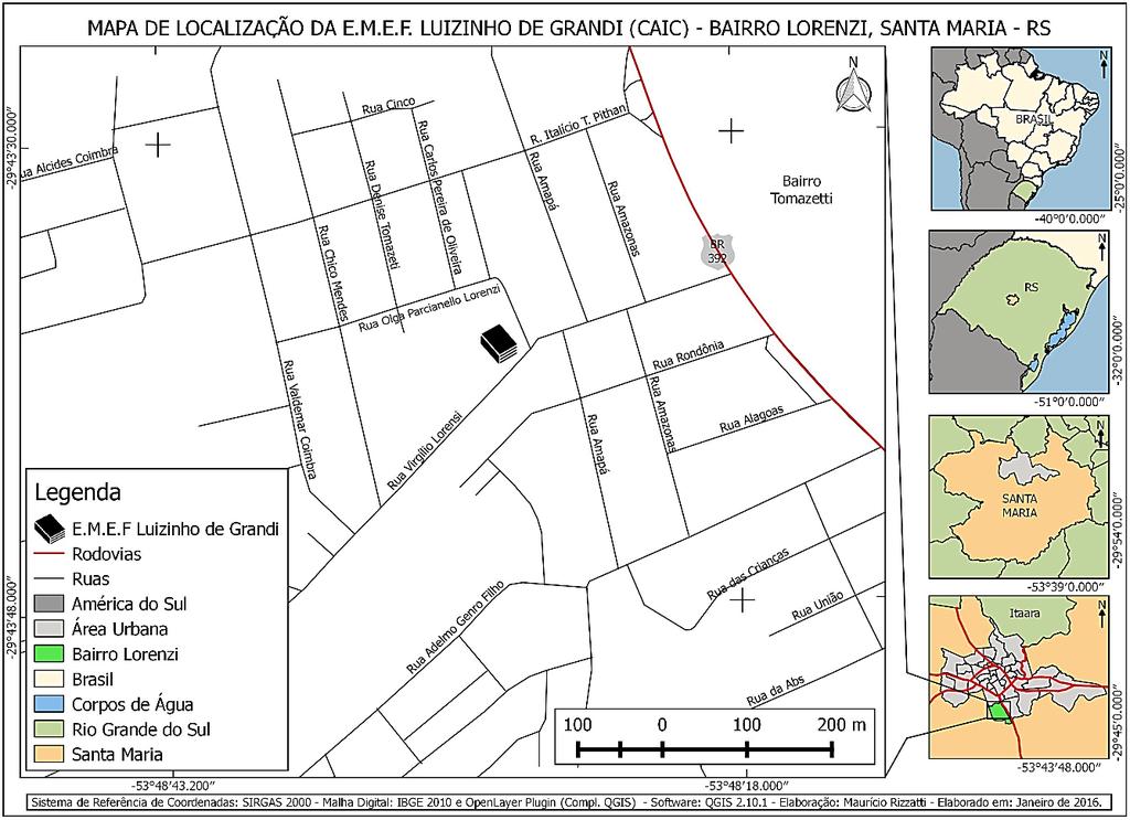 Figura 1. Mapa de localização da E.M.E.F. CAIC Luizinho de Grandi. Elaboração: RIZZATTI, 2016.