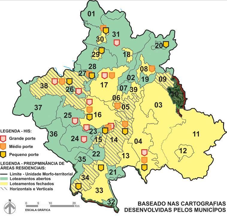 loteamentos abertos, fechados, verticais ou horizontais. Destacou-se a presença de habitações de interesse social na unidade morfo-territorial estudada.