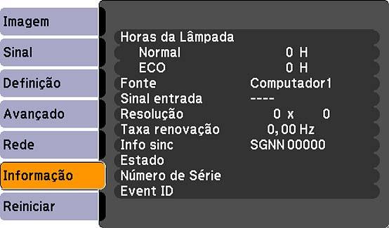 Observação: Os parâmetros disponíveis dependem da fonte de entrada selecionada. O temporizador da lâmpada não registrará o tempo de uso até que seja utilizado por, no mínimo, 10 horas.