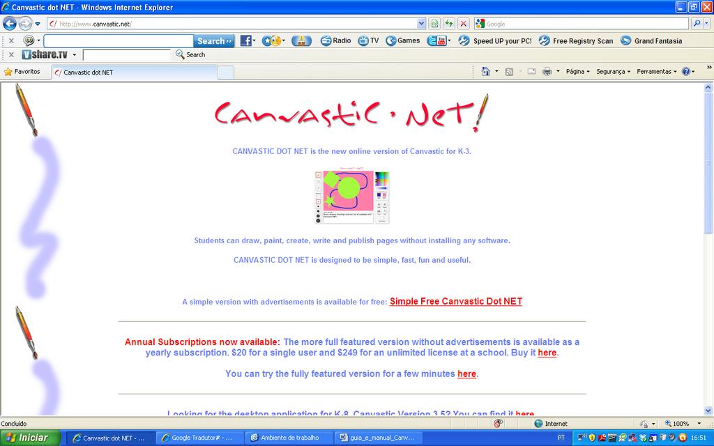 Manual e Guia de Utilização e Exploração do Canvastic 1. Para acedermos a esta ferramenta, devemos, no browser da Internet digitar o seguinte endereço http://www.canvastic.net/.