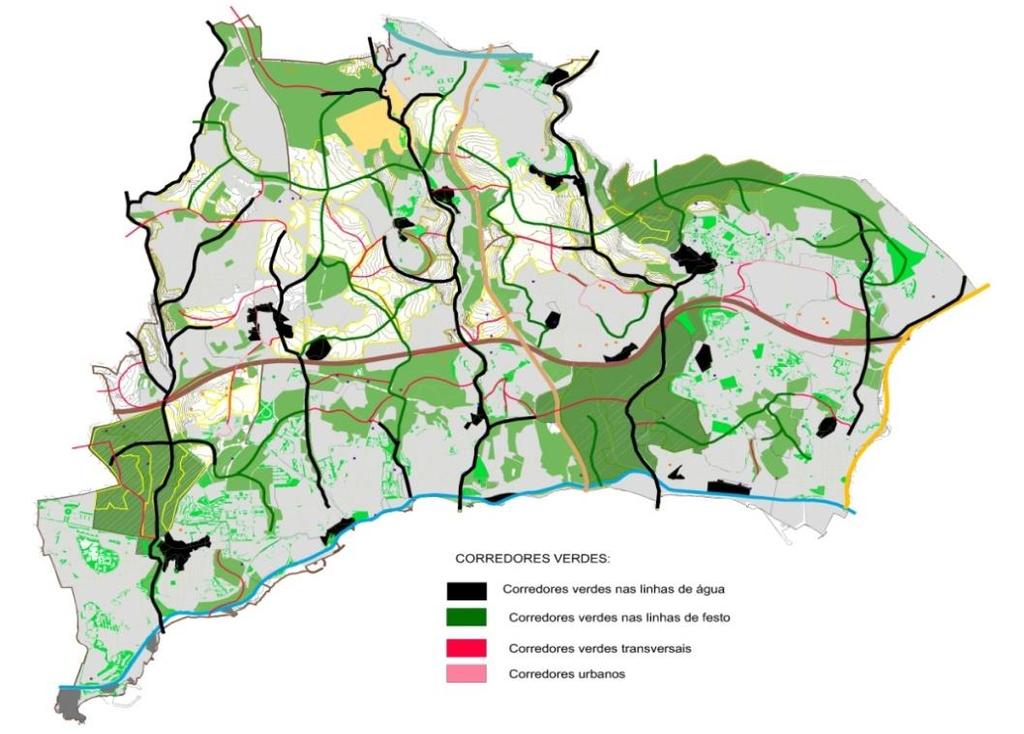 Figura 24 Plano de Corredores verdes de Oeiras. Fonte:CMO. No âmbito deste trabalho apenas serão analisados mais aprofundadamente os corredores verdes associados às linhas de água. 3.2.1.