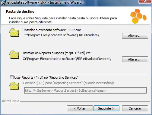 Instalar o eticadata ERP v12 em: Deve indicar o caminho para instalação do ERP Eticadata. Instalar Site e Serviços do eticadata ERP v.12 em: Indicação do caminho para instalar o site e serviços Web.