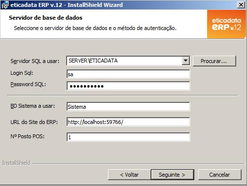 No passo seguinte, são definidos dados de acesso ao servidor de base de dados, indicação da base de dados de sistema, URL do site para o ERP e o número do posto por defeito para POS (se aplicável).