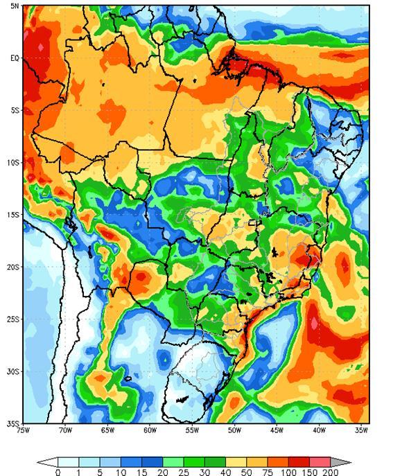 Figura 1 - Precipitação acumulada prevista pelo modelo ETA (CPTEC/INPE) para o período de 03 a 09/03/18 Nas bacias dos rios Paranapanema, Grande, Paranaíba e Iguaçu, e parte das bacias dos rios São